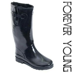 Women Faux Fur Lined Tall Rainboots, #1530, Black