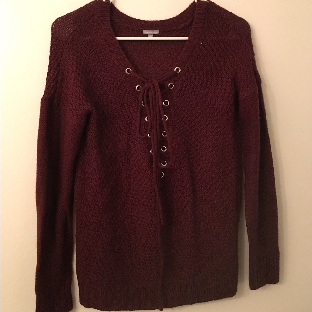 Lace up burgundy long sleeve sweater