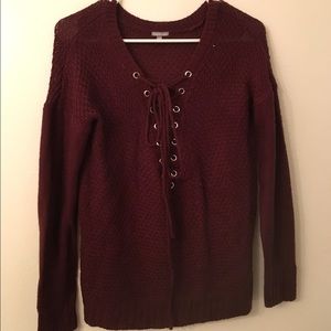 Lace up burgundy long sleeve sweater