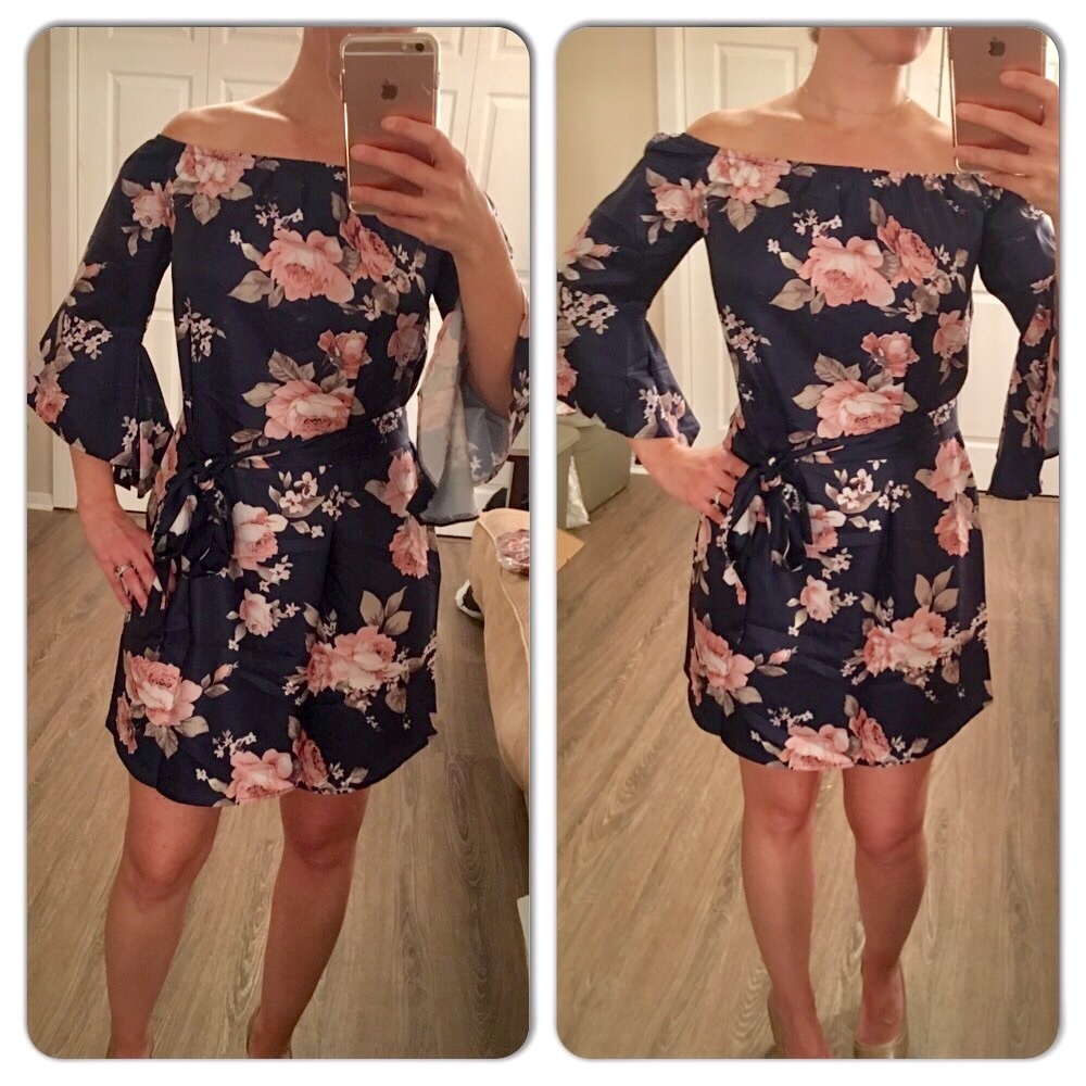 🎉HP🎉Navy Floral Bell Sleeve Off Shoulder w Tie - Picture 2 of 5