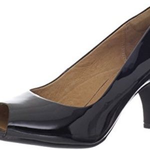 Clarks patent leather peep toe pumps