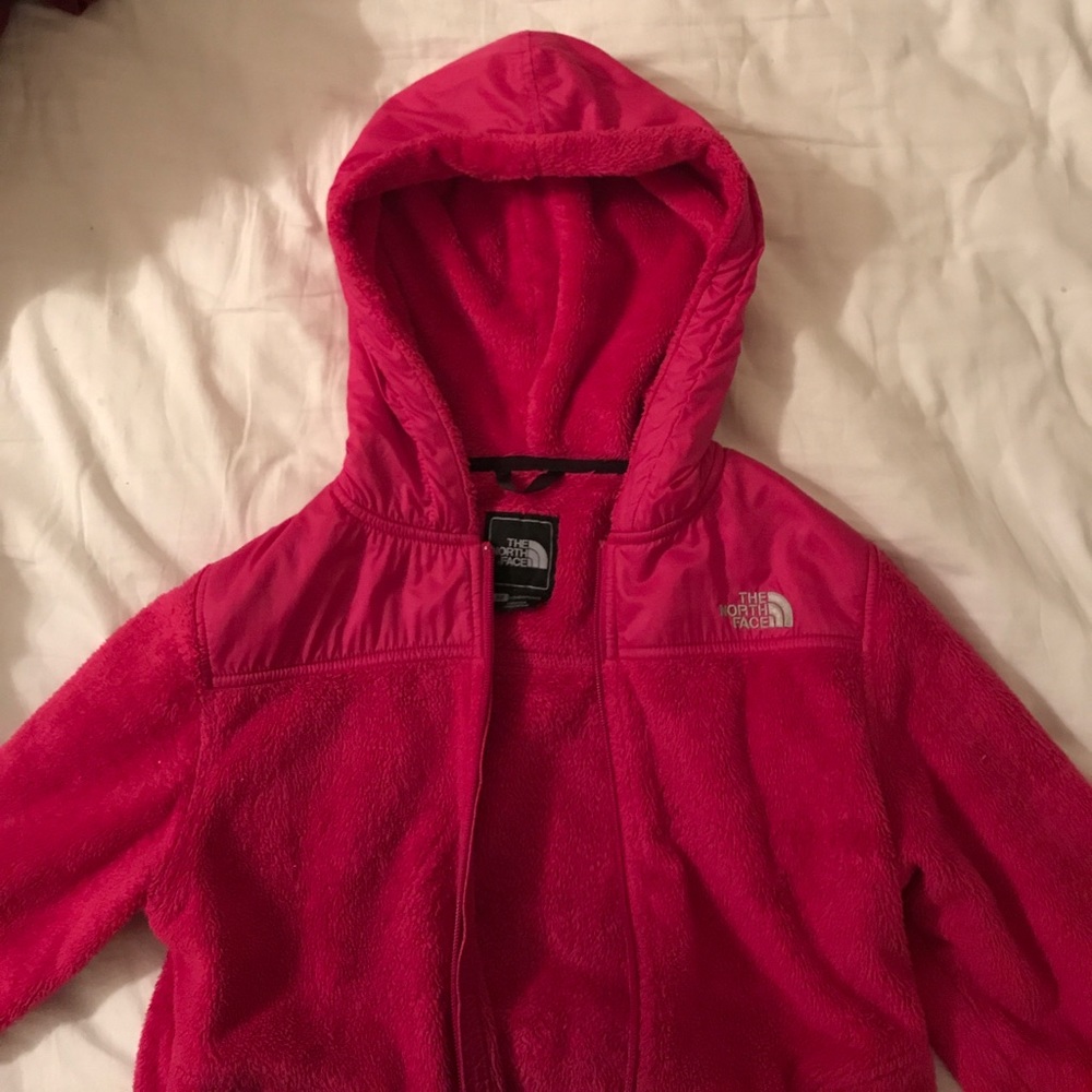 Pink fuzzy north face jacket
