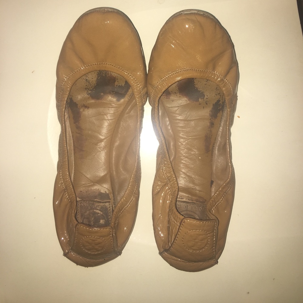 Tory burch patent foldable tan flats