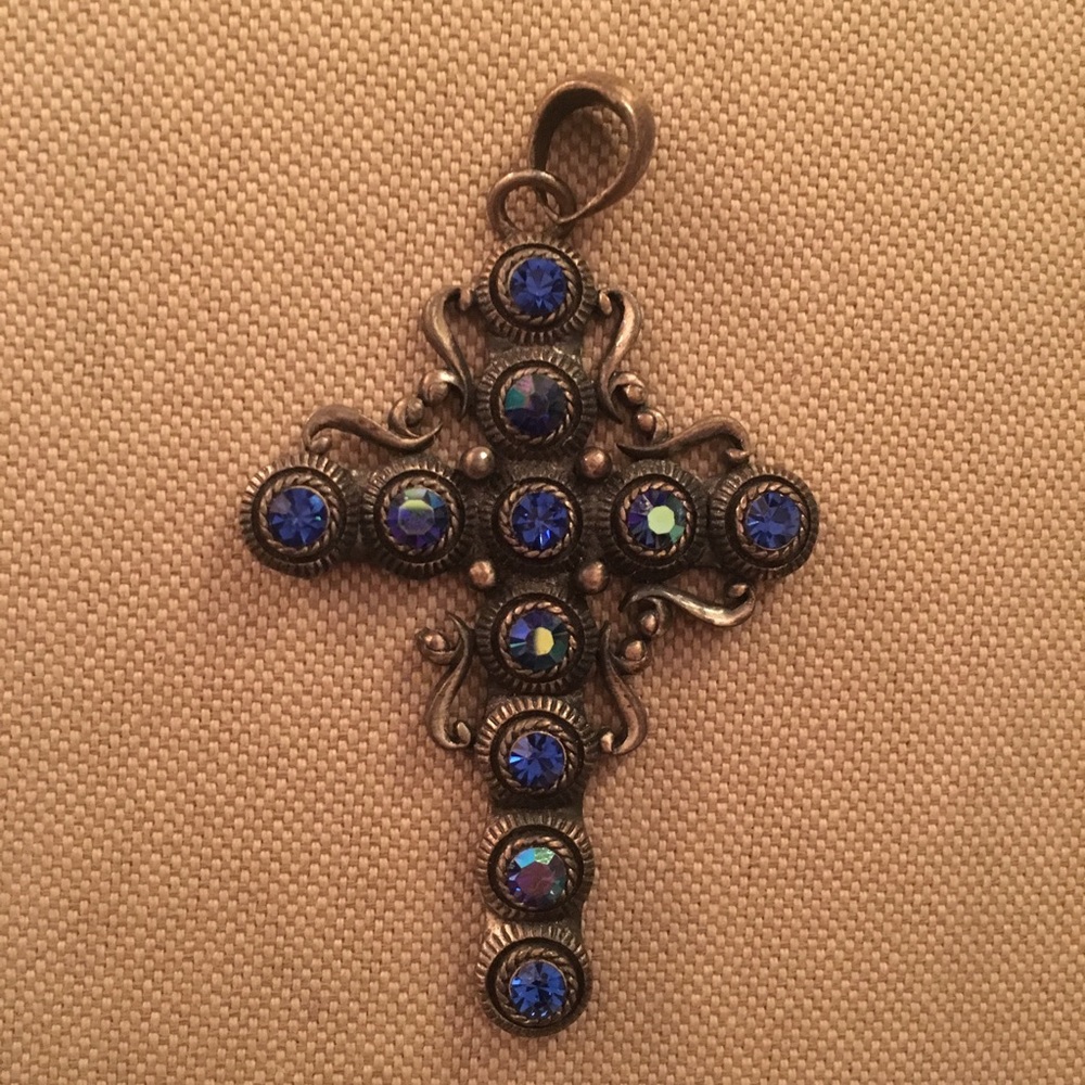 Costume Jewelry Blue Rhinestoned Cross Pendant