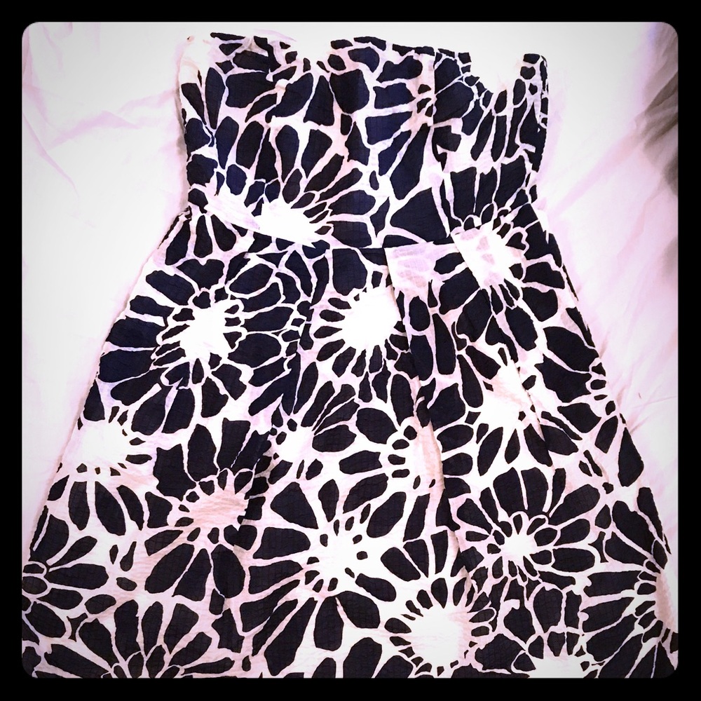 J.crew strapless white with navy blue flowers.