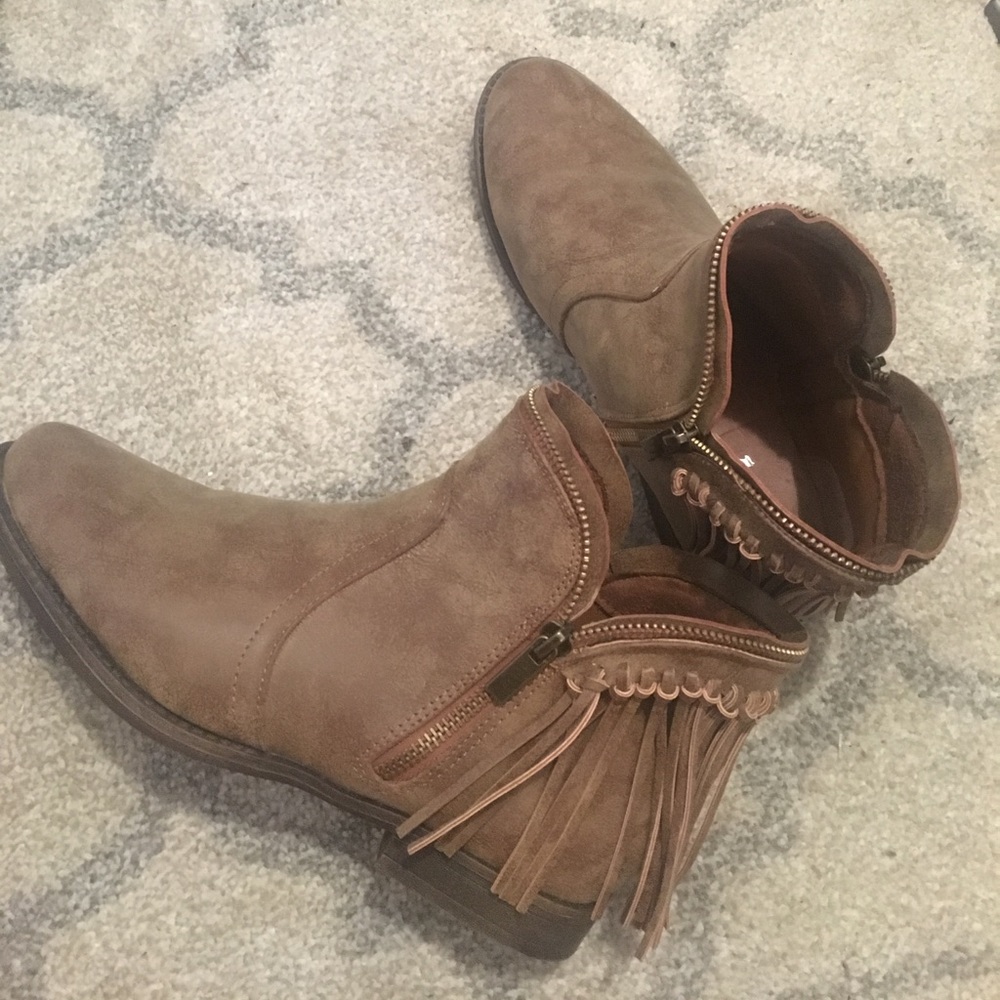 Tan fringe booties