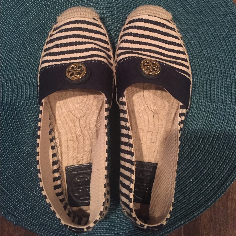 Blue and white striped Tory Burch espadrilles