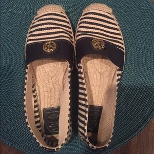 Blue and white striped Tory Burch espadrilles