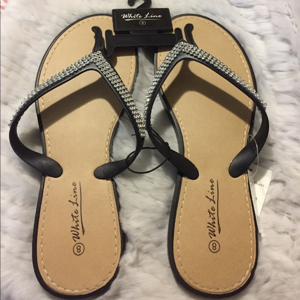 White Line rhinestone floral thong sandals black