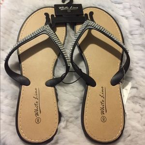 White Line rhinestone floral thong sandals black