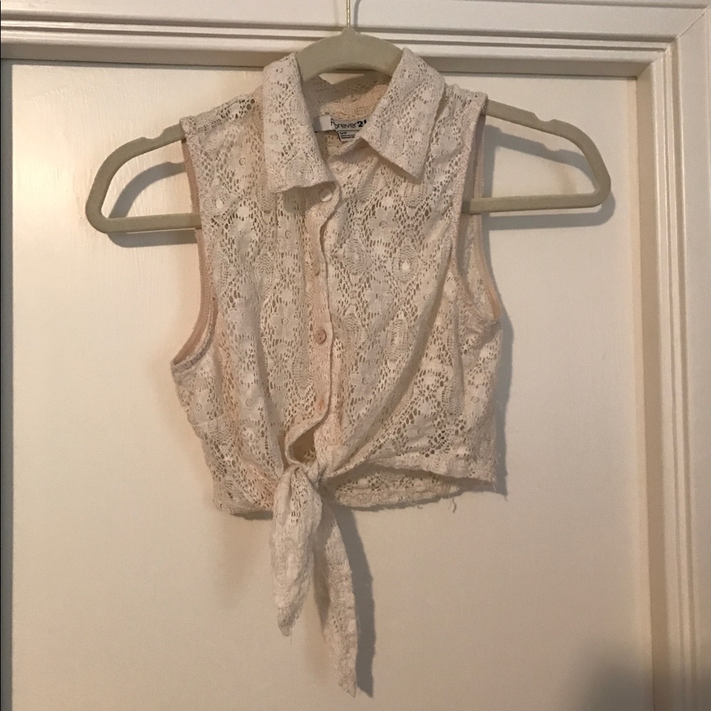 Forever 21 sheer button-up crop top with tie