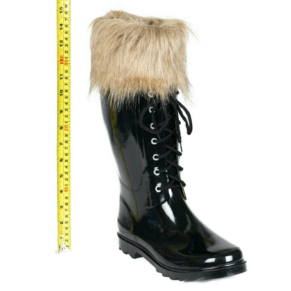 Women's Rainboots, Tall Rubber Rain Boots with Fur Cuff, RB-1802, Black, Size 9 - Picture 2 of 4