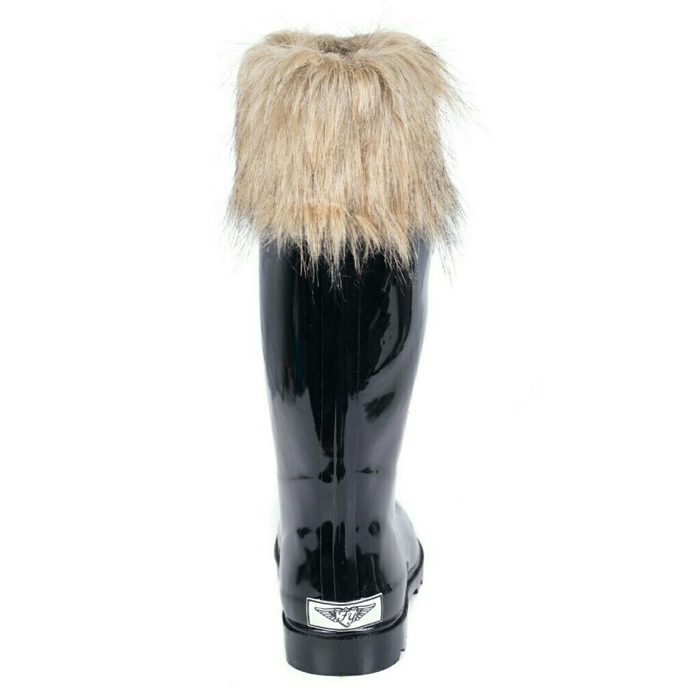 Women's Rainboots, Tall Rubber Rain Boots with Fur Cuff, RB-1802, Black, Size 9 - Picture 3 of 4