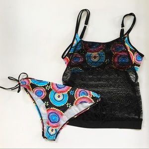 Tankini Bathing suit bright medallion & black lace