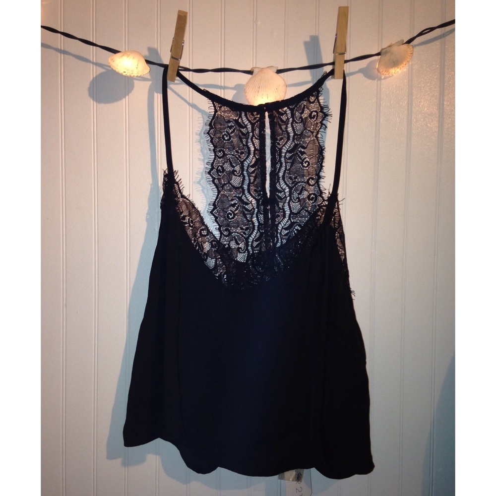 Silky black lace-trim croptop