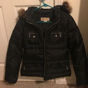 Michael Kors Black Jacket Coat w/ faux trim hoodie