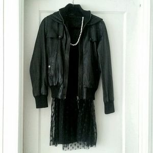 Mango // Genuine Leather Bomber Jacket with Hoodie