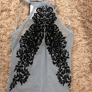 Mesh Halterneck Flock Detail Blue Bodysuit