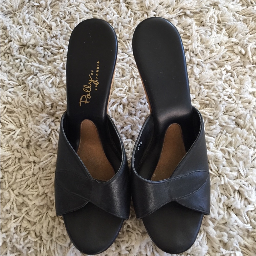 Polly of California metal heel wood mules