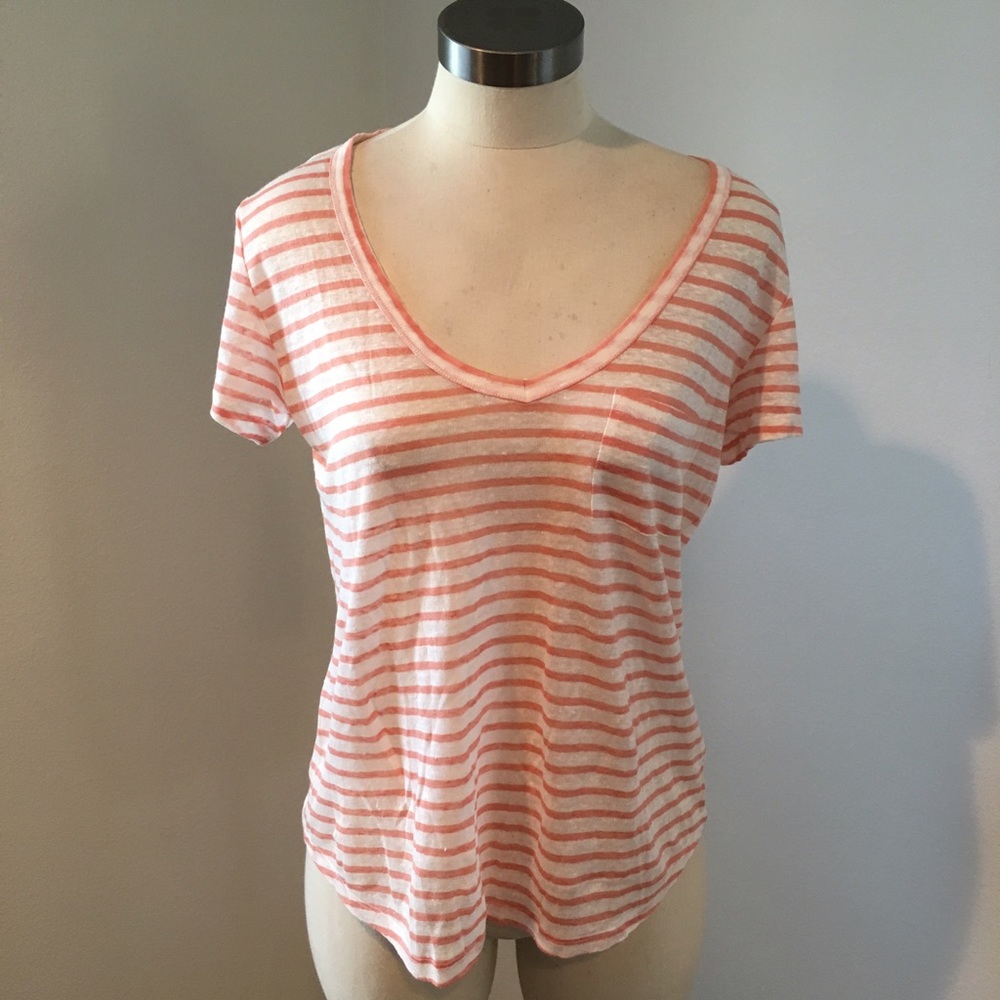 Paige brand v-neck pocket tee in coral stripe