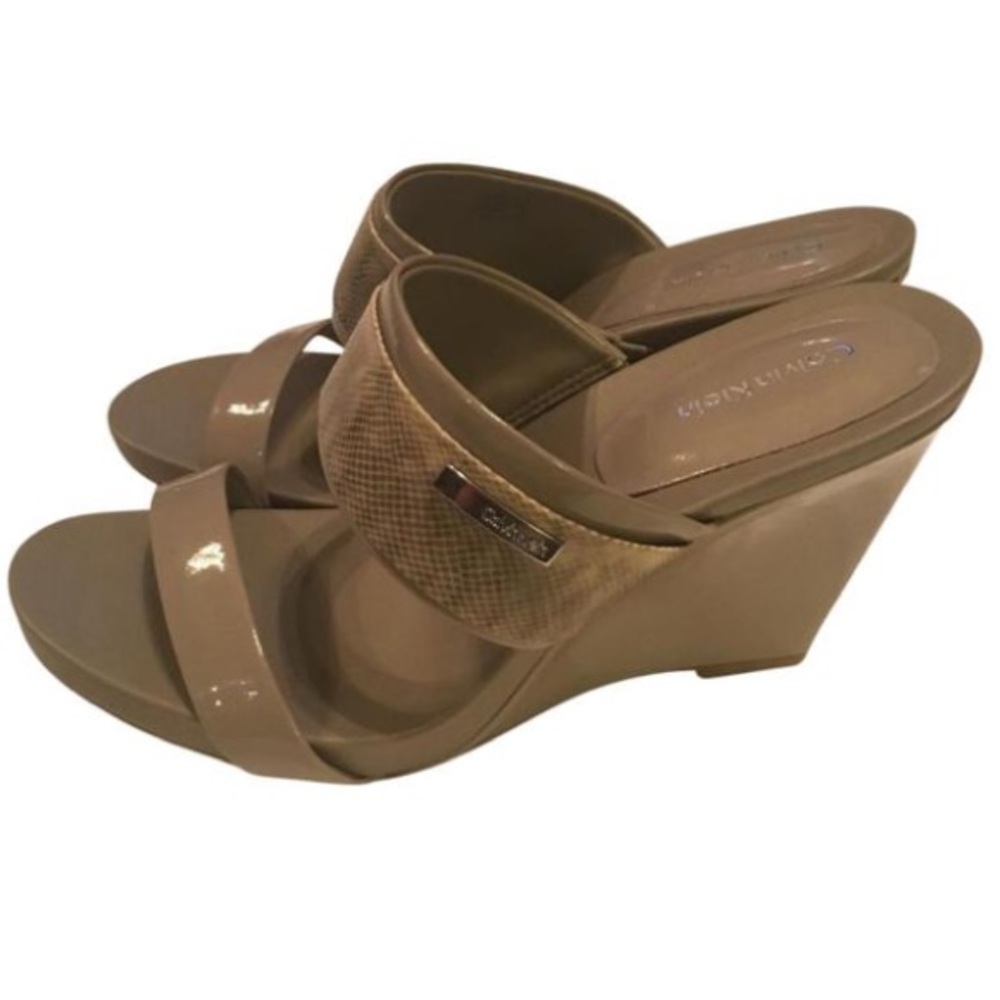 Calvin Klein "Omira" Patent Leather Wedges "Beige"