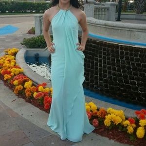 Beaded Neck Drape Ruffle Front Gown