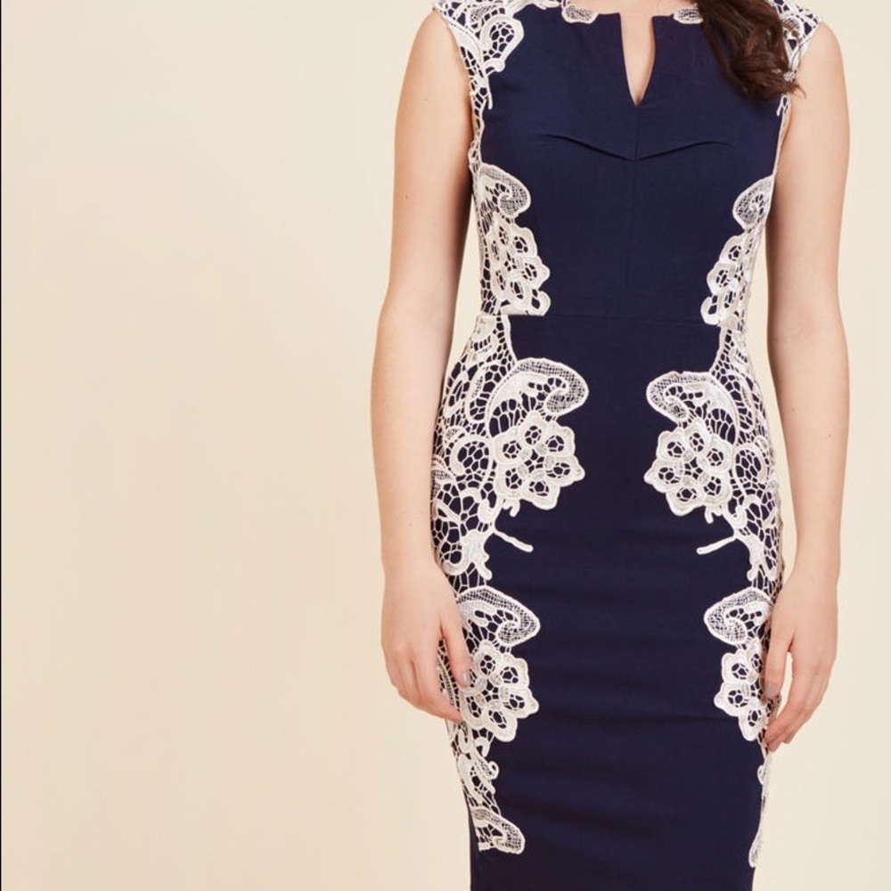 Elegant Navy Sheath dress Crocheted ivory lace.
