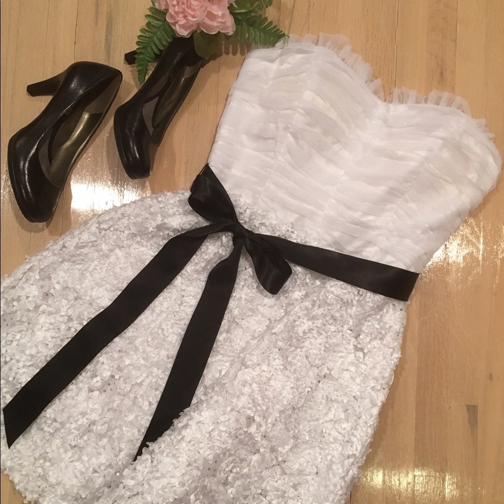 Roberta White Sequin Dress w/ Flower Embellishment