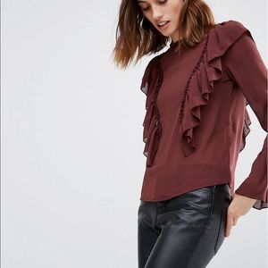Burgundy ruffles blouse with bell sleeves