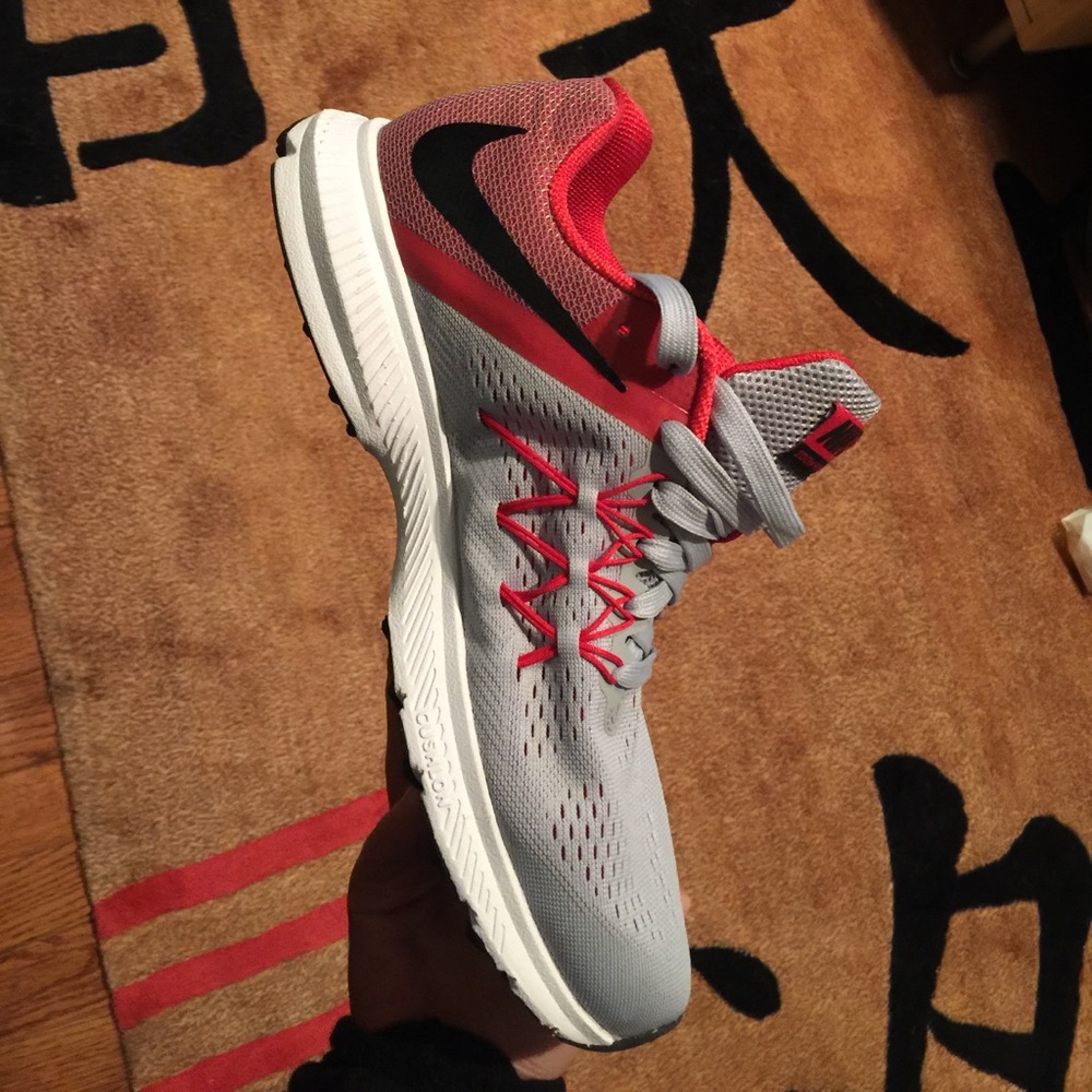 Gray, black, and red men's athletic shoes!