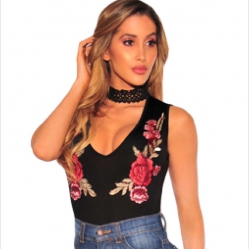 ❣New! "Adrianna" ll Rose Appliqué Choker Bodysuit - Picture 3 of 7