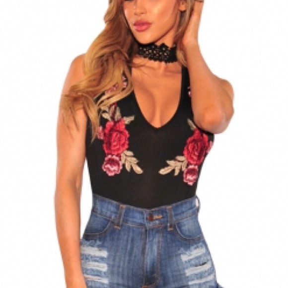 ❣New! "Adrianna" ll Rose Appliqué Choker Bodysuit - Picture 2 of 7