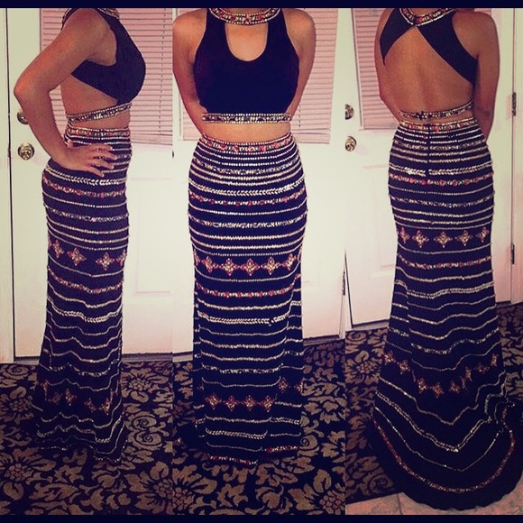 Two-Piece Jeweled Black Formal Dress Set - Picture 1 of 1