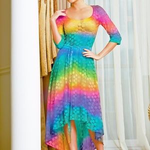 LACE PARTY DRESS ASYMMETRIC  RAINBOW ELBOW SLEEVES