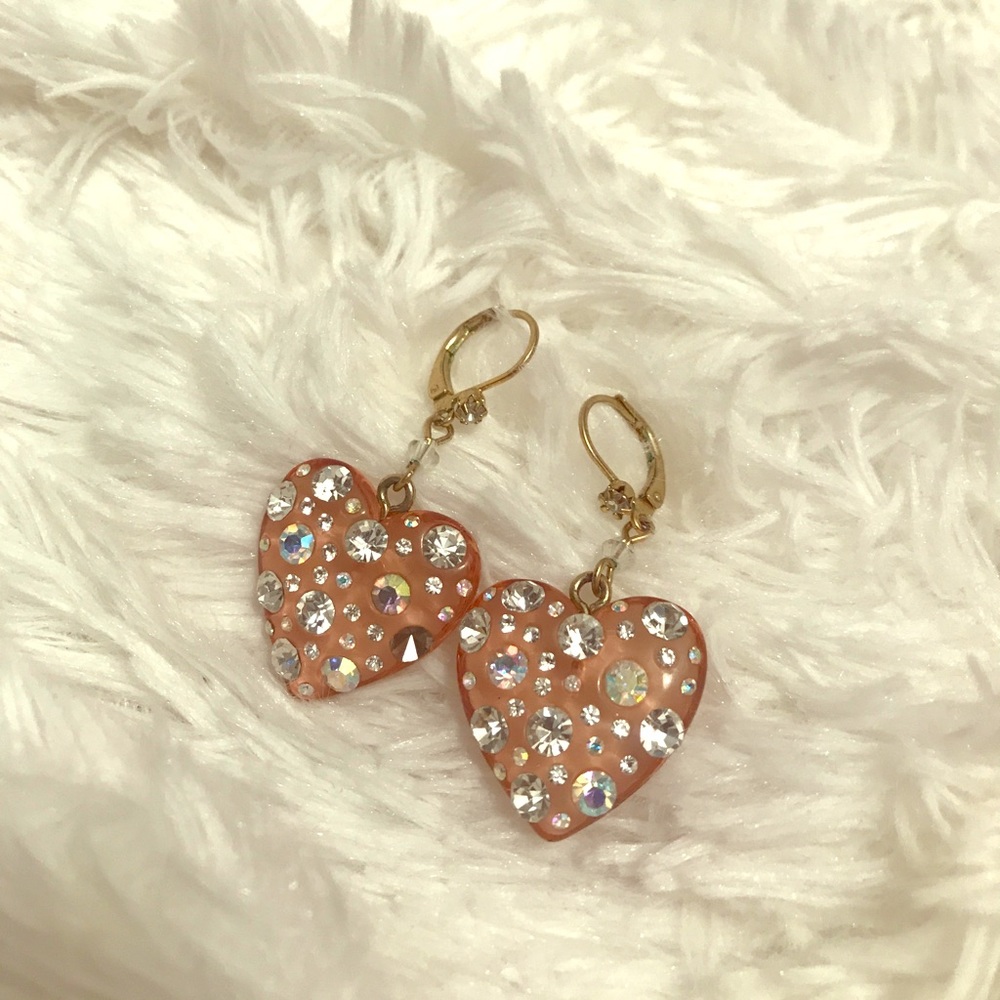 Betsey Johnson Rhinestone heart dangling earrings