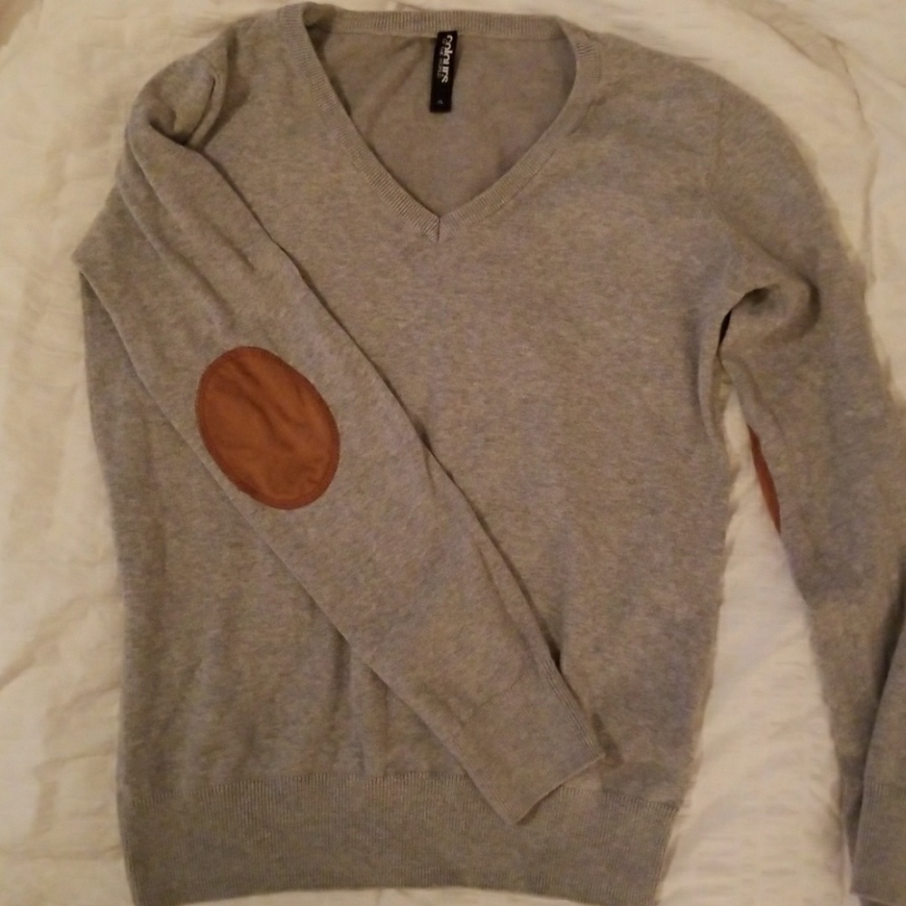 Gray sweater with suede elbow patches
