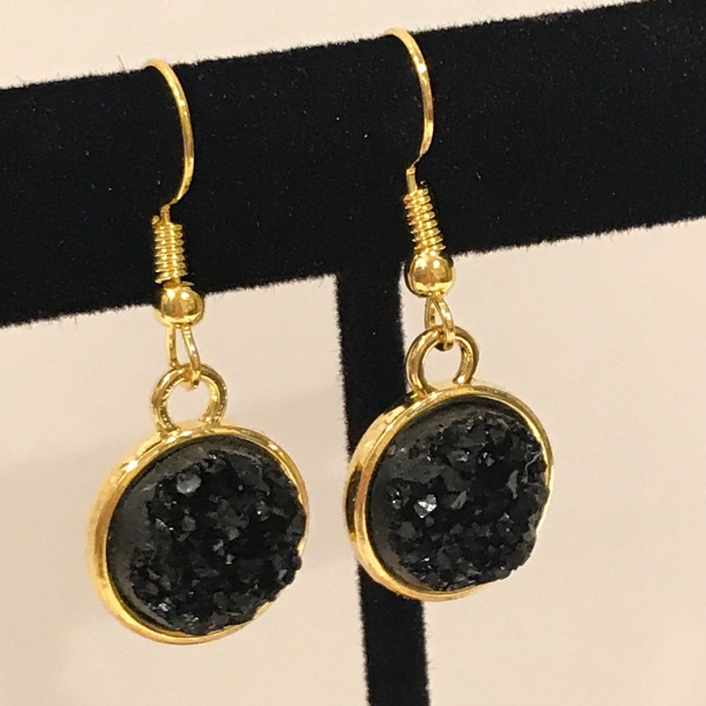 Glittery Black & Gold Druzy Earrings
