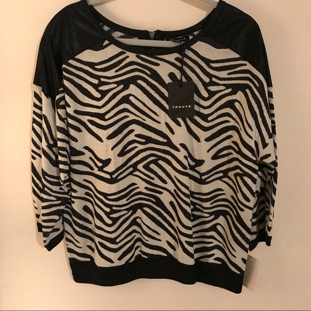 Trouve Zebra sweater w/ faux leather shoulder
