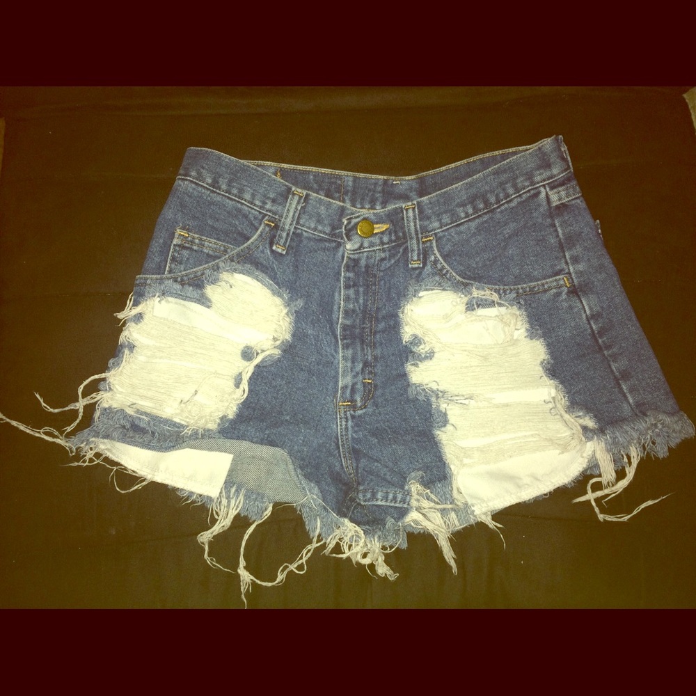 distressed, denim, high-waisted jean shorts