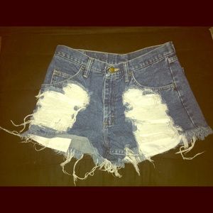 distressed, denim, high-waisted jean shorts