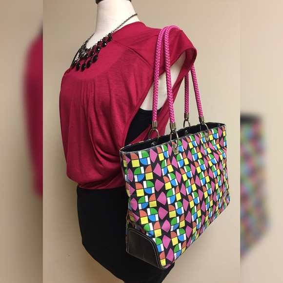 THE SAK COLORFUL GEOMETRIC PRINT NYLON PVC TOTE - Picture 1 of 8