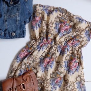 Boho floral print beige strapless dress