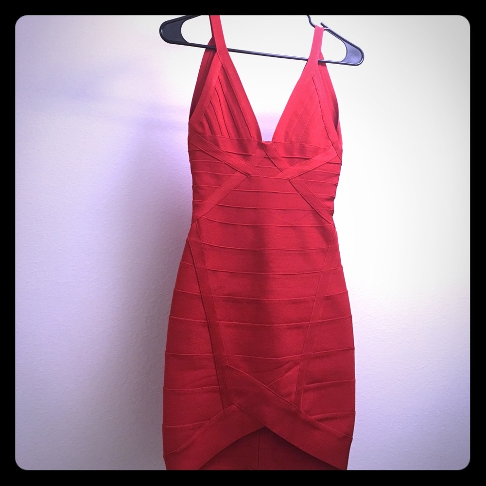 Red Herve Ledger Like Body Con Dress