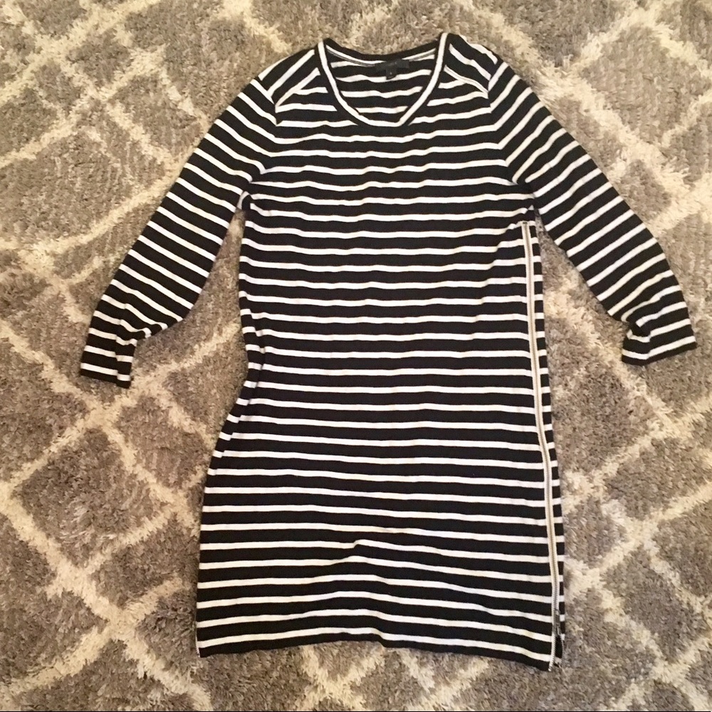 J. Crew Black and White Striped 3/4 Sleeve Dress