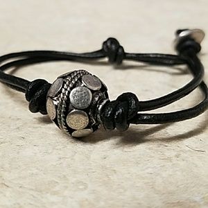 B703Black Double Loop Leather&Silver Bead Braceler