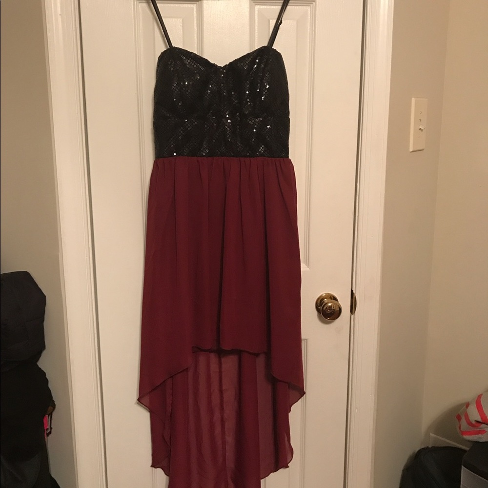 Burgundy & Black Sequin High-Low Semi-Formal Dress