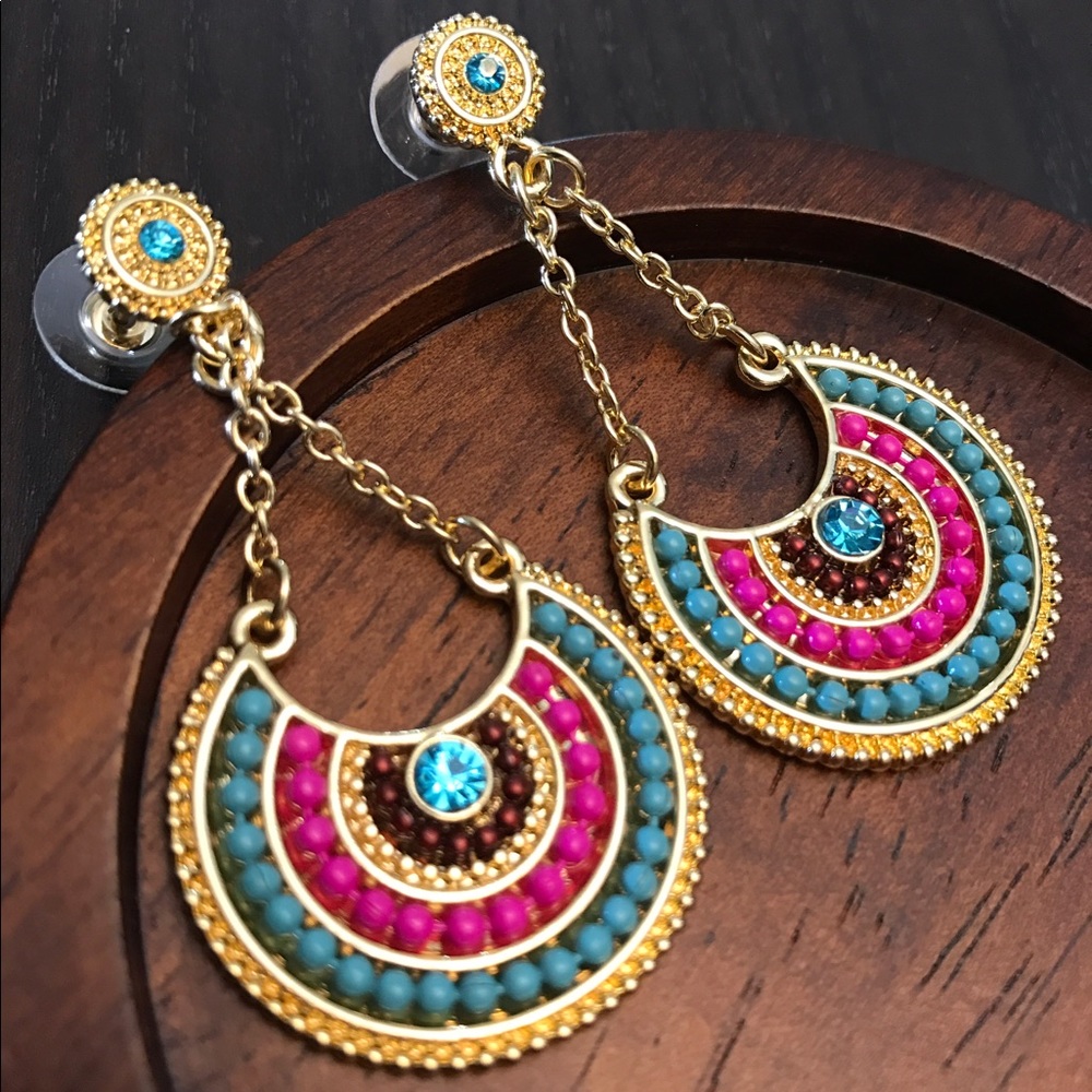 💙💎Adorable Statement Earrings!💎💙Gold Pink Aqua - Picture 2 of 16
