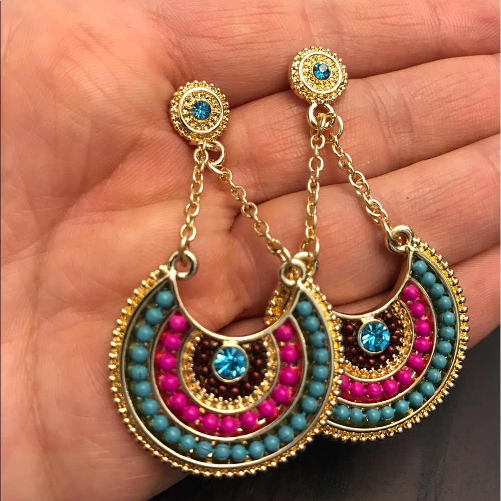 💙💎Adorable Statement Earrings!💎💙Gold Pink Aqua - Picture 5 of 16