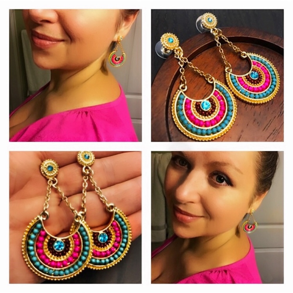 💙💎Adorable Statement Earrings!💎💙Gold Pink Aqua - Picture 1 of 16