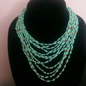 Aqua and Gold Multi-tiered Beaded Necklace